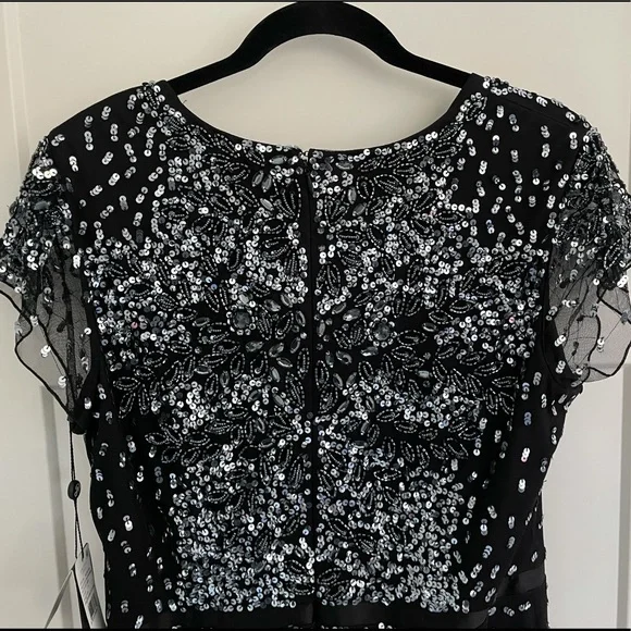 Sz 14 Adrianna Papell beaded chiffon black floor-length gown, V-neckline, NWT - Picture 12 of 14